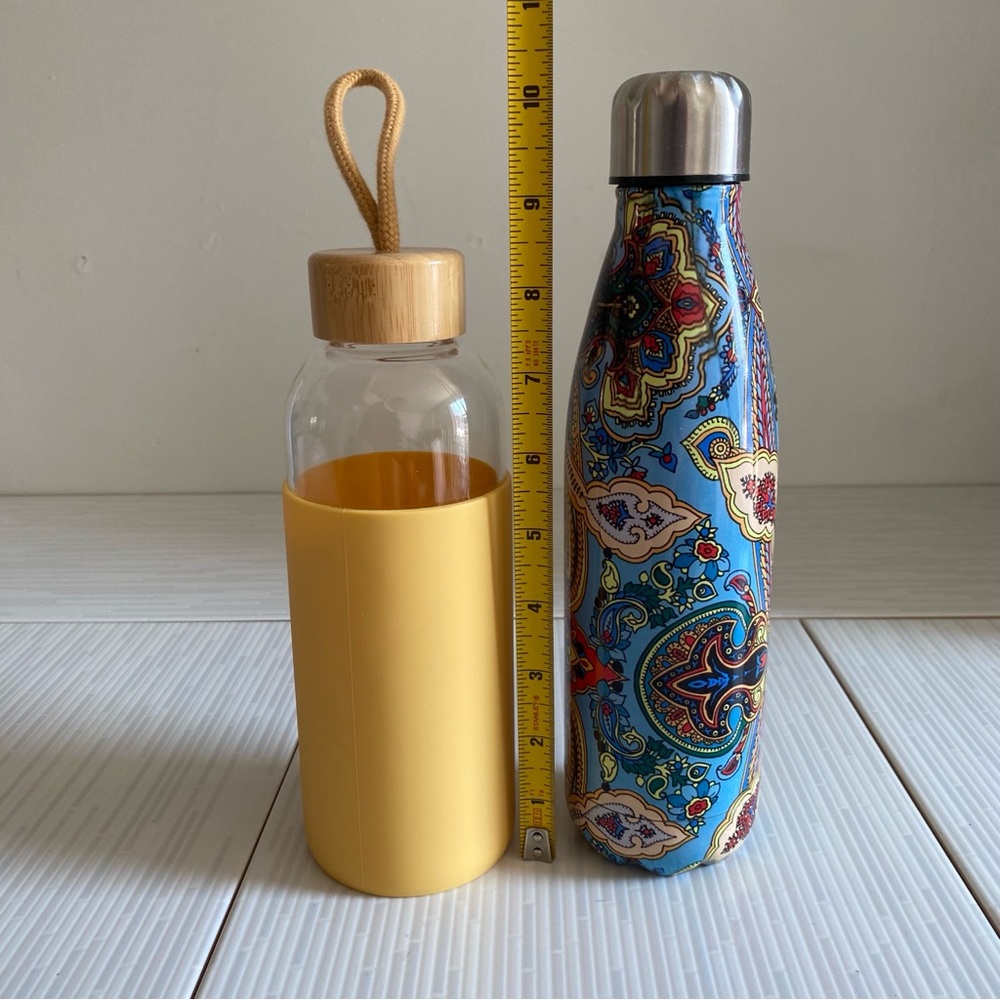 NEW Set of 2 Bottles Reusable Insulated Stainless Steel Glass Silicone Bamboo